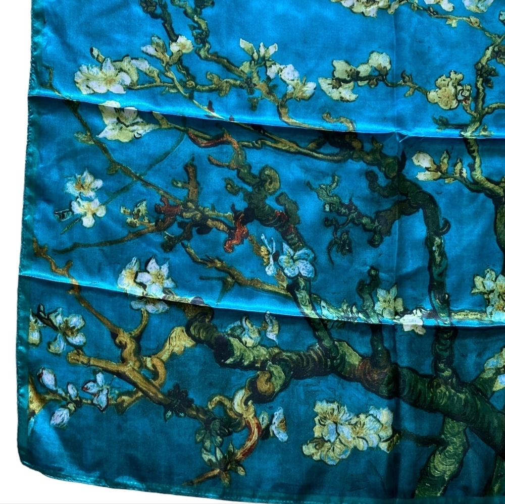 💖 Oversized boho satin blue Floral print print hair neck scarf whimsical - Picture 4 of 15